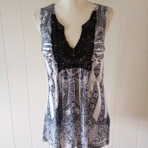 One World Tank Top Large Black White Crochet Stretch Whimisgoth Fairycore